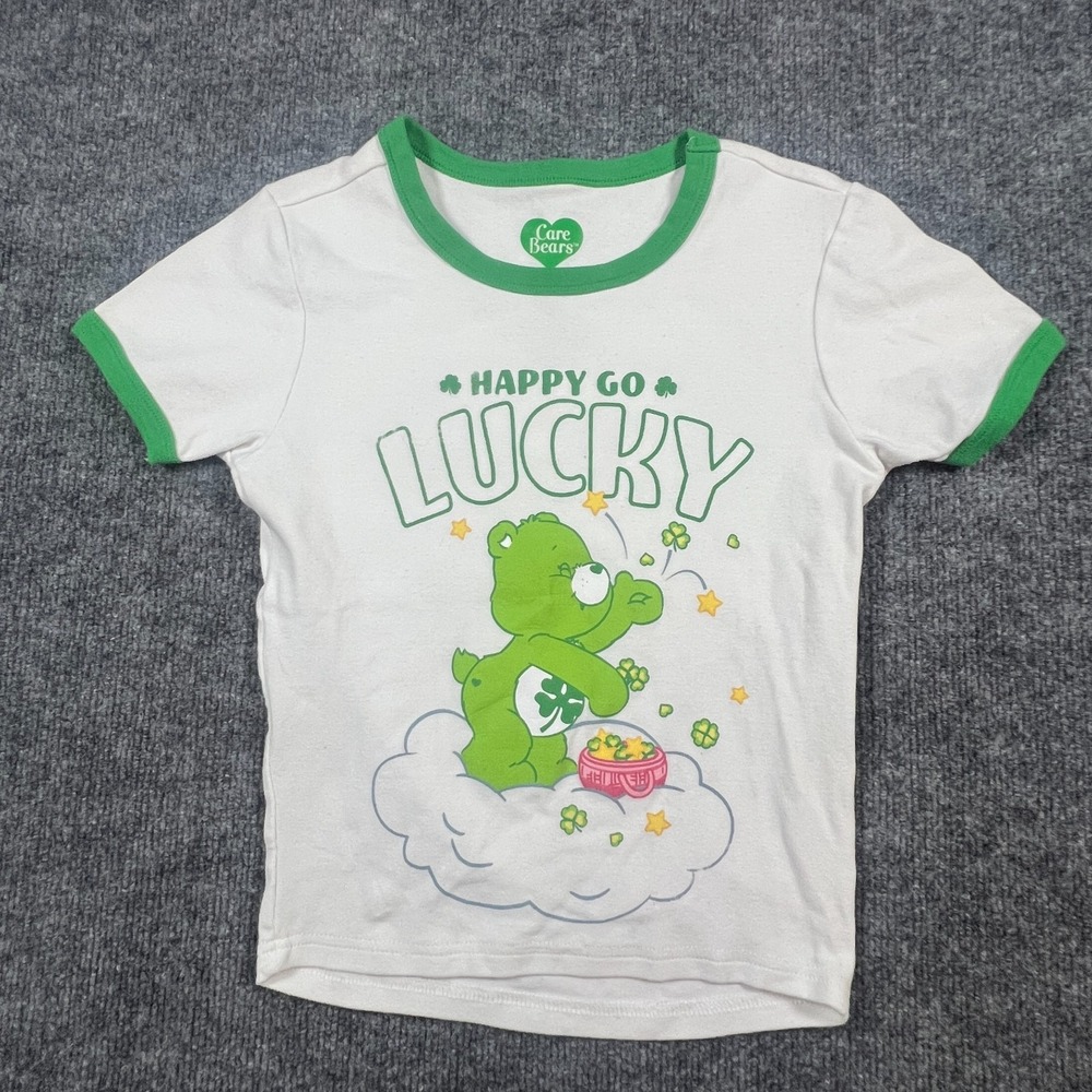 Care Bears Happy Go Lucky Ringer T Shirt Kids Small White Green Cotton Graphic